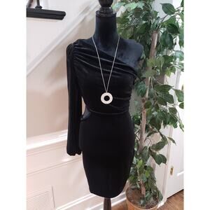 Simplee Women's Black Polyester One Shoulder Off Long Sleeve Knee Length Dress L